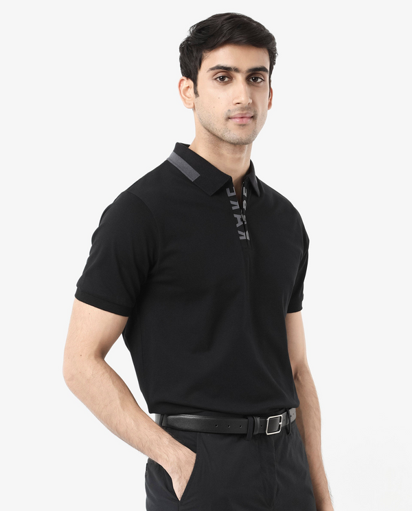 Rare Rabbit Men's Rique Black Cotton Fabric Short Sleeve Zipper Closure Plain Knitted Polo T-Shirt