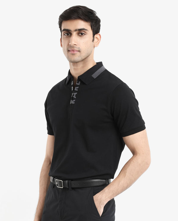 Rare Rabbit Men's Rique Black Cotton Fabric Short Sleeve Zipper Closure Plain Knitted Polo T-Shirt
