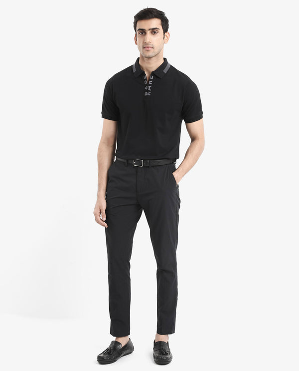 Rare Rabbit Men's Rique Black Cotton Fabric Short Sleeve Zipper Closure Plain Knitted Polo T-Shirt