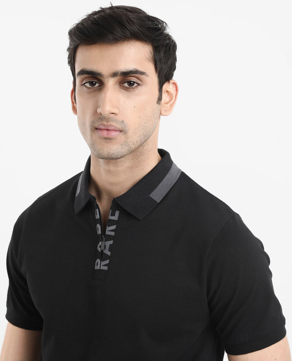 Rare Rabbit Men's Rique Black Cotton Fabric Short Sleeve Zipper Closure Plain Knitted Polo T-Shirt