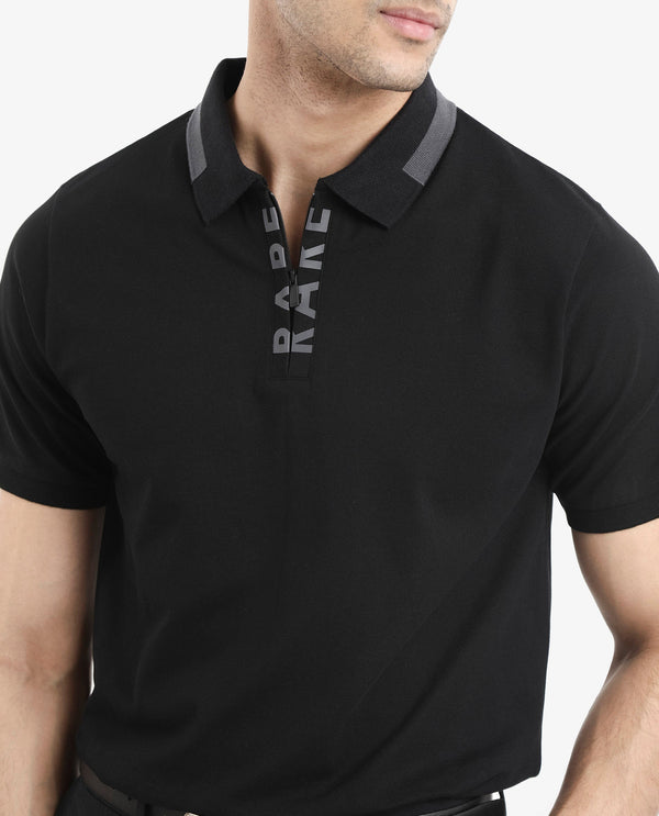 Rare Rabbit Men's Rique Black Cotton Fabric Short Sleeve Zipper Closure Plain Knitted Polo T-Shirt