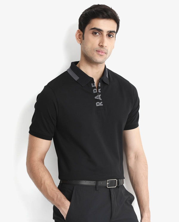 Rare Rabbit Men's Rique Black Cotton Fabric Short Sleeve Zipper Closure Plain Knitted Polo T-Shirt