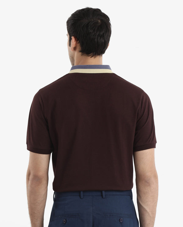 Rare Rabbit Men's Rique Dark Maroon Cotton Fabric Short Sleeve Zipper Closure Plain Knitted Polo T-Shirt