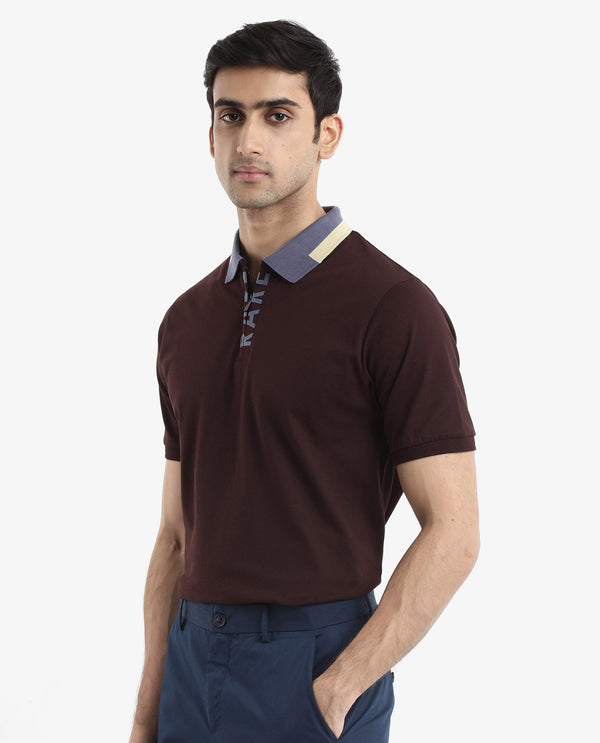Rare Rabbit Men's Rique Dark Maroon Cotton Fabric Short Sleeve Zipper Closure Plain Knitted Polo T-Shirt