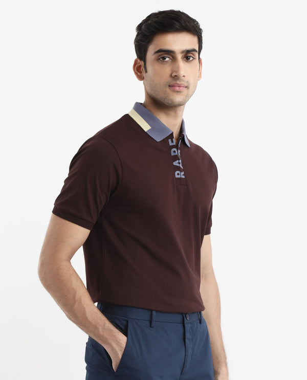 Rare Rabbit Men's Rique Dark Maroon Cotton Fabric Short Sleeve Zipper Closure Plain Knitted Polo T-Shirt