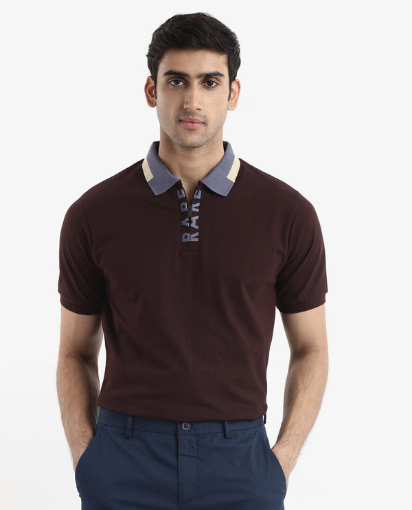 Rare Rabbit Men's Rique Dark Maroon Cotton Fabric Short Sleeve Zipper Closure Plain Knitted Polo T-Shirt