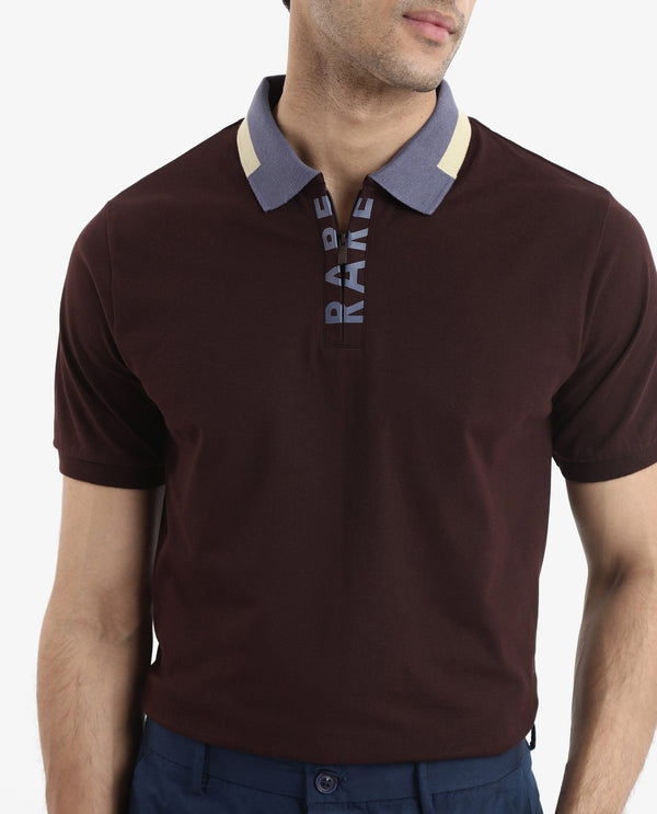 Rare Rabbit Men's Rique Dark Maroon Cotton Fabric Short Sleeve Zipper Closure Plain Knitted Polo T-Shirt