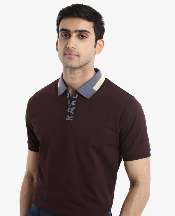 Rare Rabbit Men's Rique Dark Maroon Cotton Fabric Short Sleeve Zipper Closure Plain Knitted Polo T-Shirt