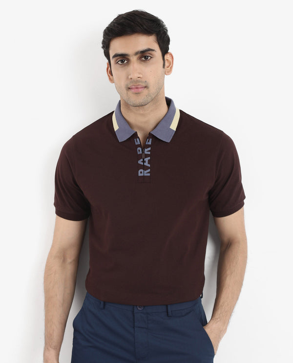 Rare Rabbit Men's Rique Dark Maroon Cotton Fabric Short Sleeve Zipper Closure Plain Knitted Polo T-Shirt