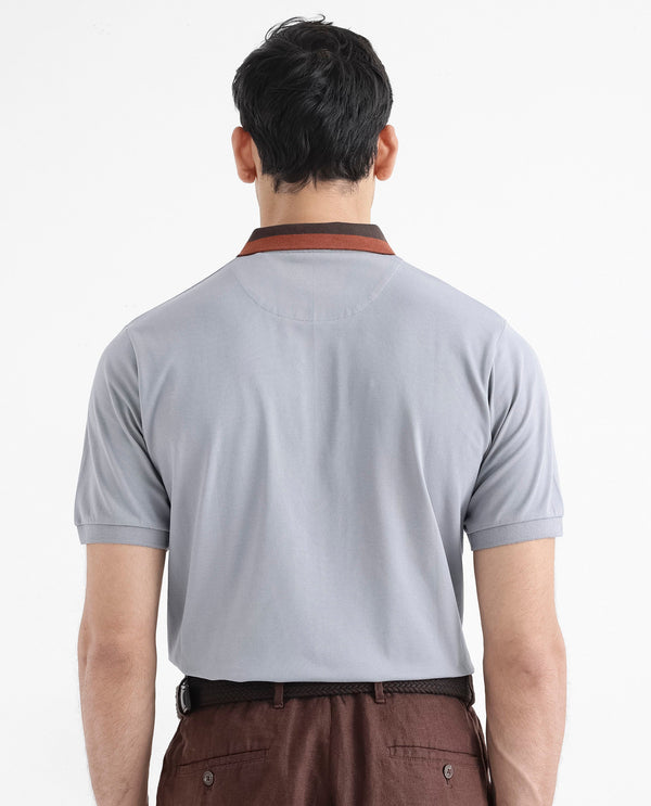 Rare Rabbit Men's Rique Light Grey Cotton Fabric Short Sleeve Zipper Closure Plain Knitted Polo T-Shirt