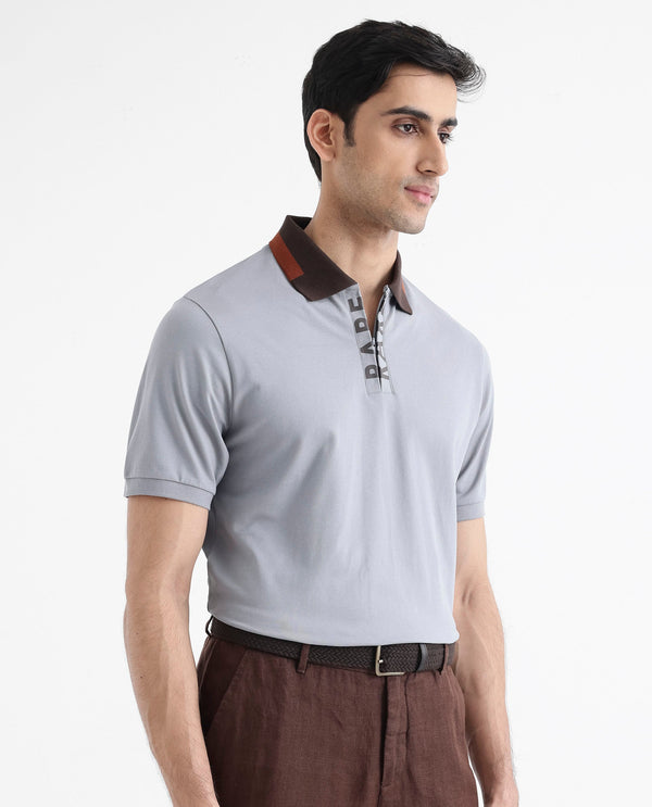Rare Rabbit Men's Rique Light Grey Cotton Fabric Short Sleeve Zipper Closure Plain Knitted Polo T-Shirt