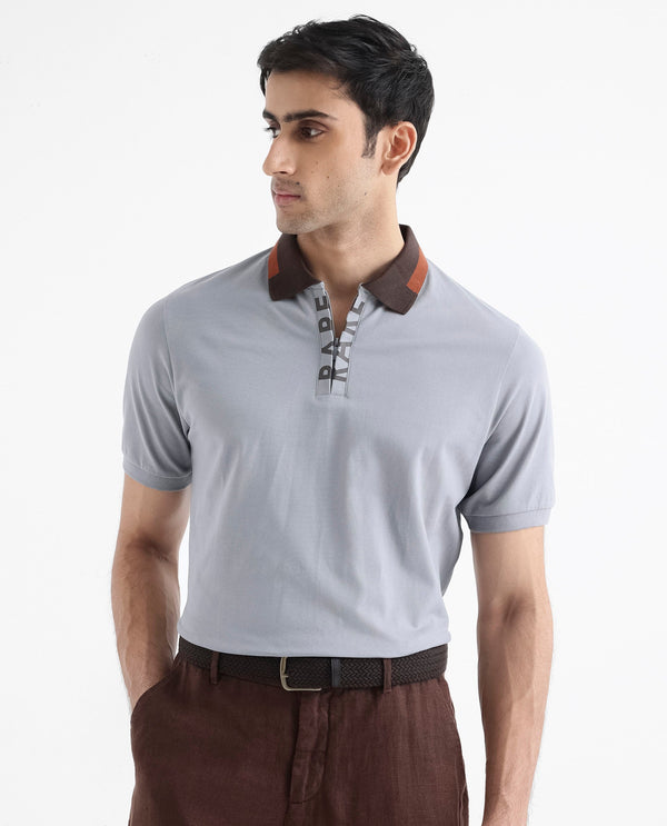 Rare Rabbit Men's Rique Light Grey Cotton Fabric Short Sleeve Zipper Closure Plain Knitted Polo T-Shirt