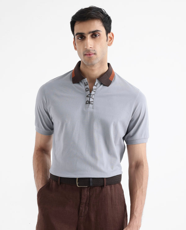 Rare Rabbit Men's Rique Light Grey Cotton Fabric Short Sleeve Zipper Closure Plain Knitted Polo T-Shirt