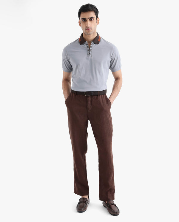 Rare Rabbit Men's Rique Light Grey Cotton Fabric Short Sleeve Zipper Closure Plain Knitted Polo T-Shirt