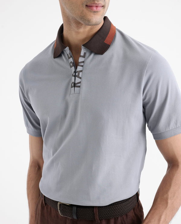 Rare Rabbit Men's Rique Light Grey Cotton Fabric Short Sleeve Zipper Closure Plain Knitted Polo T-Shirt