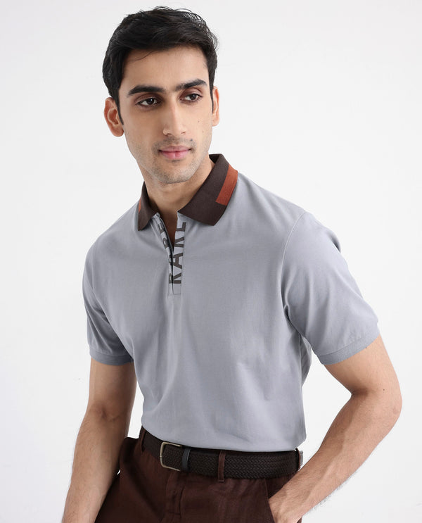 Rare Rabbit Men's Rique Light Grey Cotton Fabric Short Sleeve Zipper Closure Plain Knitted Polo T-Shirt