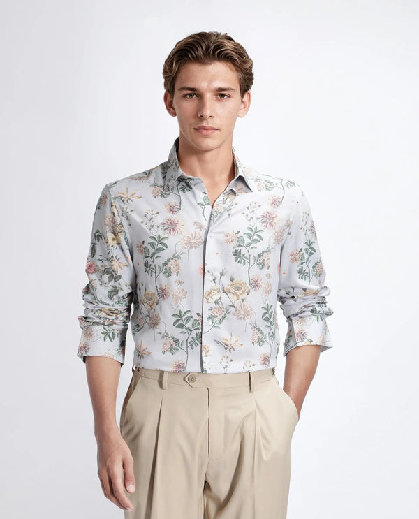 Rare Rabbit Men Risa Light Grey Viscose Blend Fabric Full Sleeve Spread Collar Button Closure Floral Print Shirt