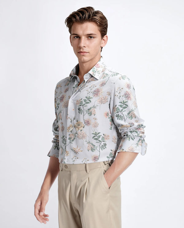 Rare Rabbit Men Risa Light Grey Viscose Blend Fabric Full Sleeve Spread Collar Button Closure Floral Print Shirt