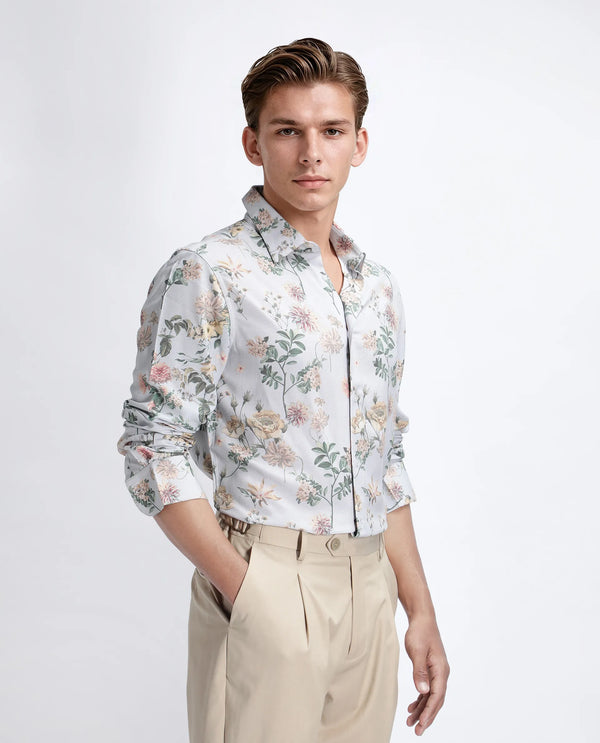 Rare Rabbit Men Risa Light Grey Viscose Blend Fabric Full Sleeve Spread Collar Button Closure Floral Print Shirt