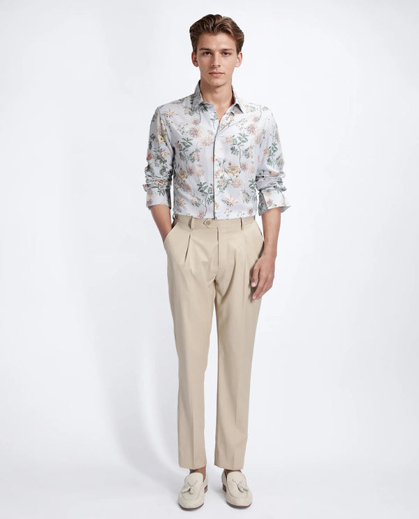 Rare Rabbit Men Risa Light Grey Viscose Blend Fabric Full Sleeve Spread Collar Button Closure Floral Print Shirt