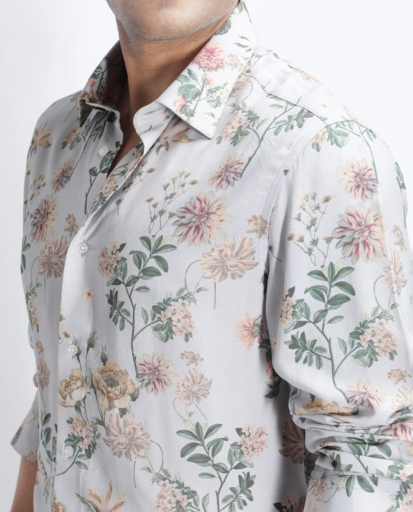 Rare Rabbit Men Risa Light Grey Viscose Blend Fabric Full Sleeve Spread Collar Button Closure Floral Print Shirt