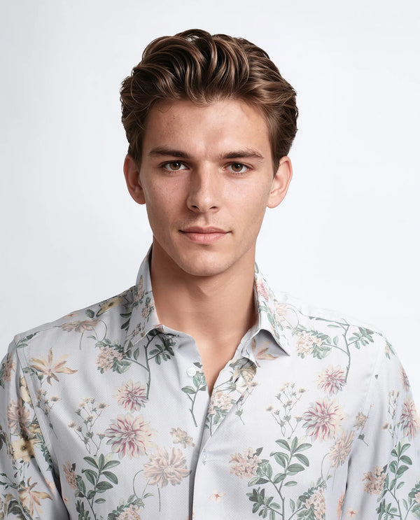 Rare Rabbit Men Risa Light Grey Viscose Blend Fabric Full Sleeve Spread Collar Button Closure Floral Print Shirt