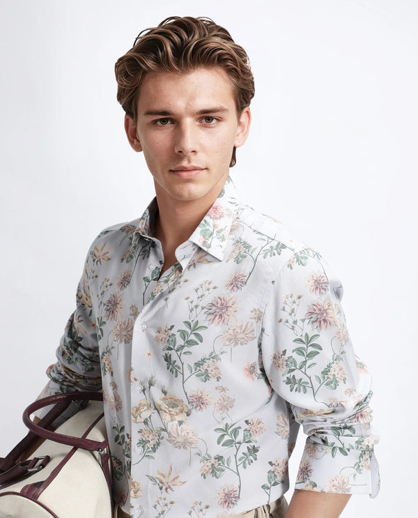 Rare Rabbit Men Risa Light Grey Viscose Blend Fabric Full Sleeve Spread Collar Button Closure Floral Print Shirt