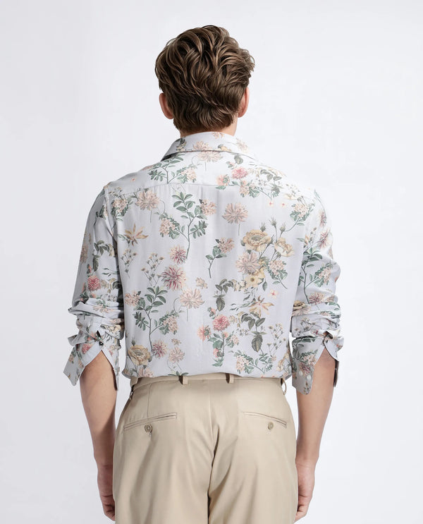 Rare Rabbit Men Risa Light Grey Viscose Blend Fabric Full Sleeve Spread Collar Button Closure Floral Print Shirt