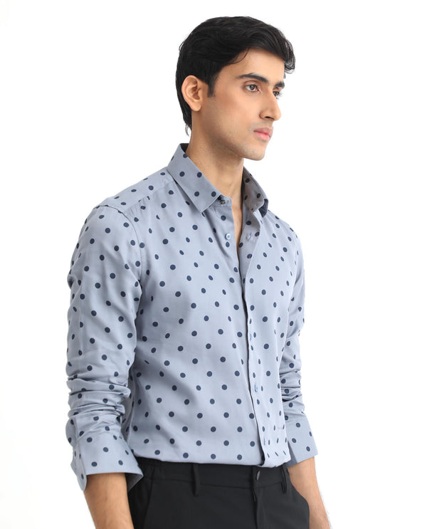 Rare Rabbit Men's Rish Blue Cotton Modal Fabric Polka Print Full Sleeves Shirt