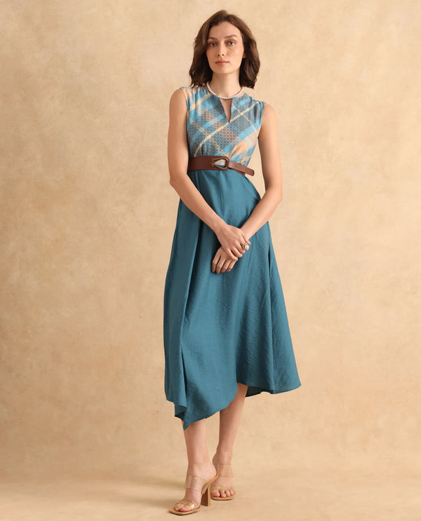 Rareism Women Riskal Blue Sleeveless Round Neck Fit And Flare Maxi Flannel Print Dress
