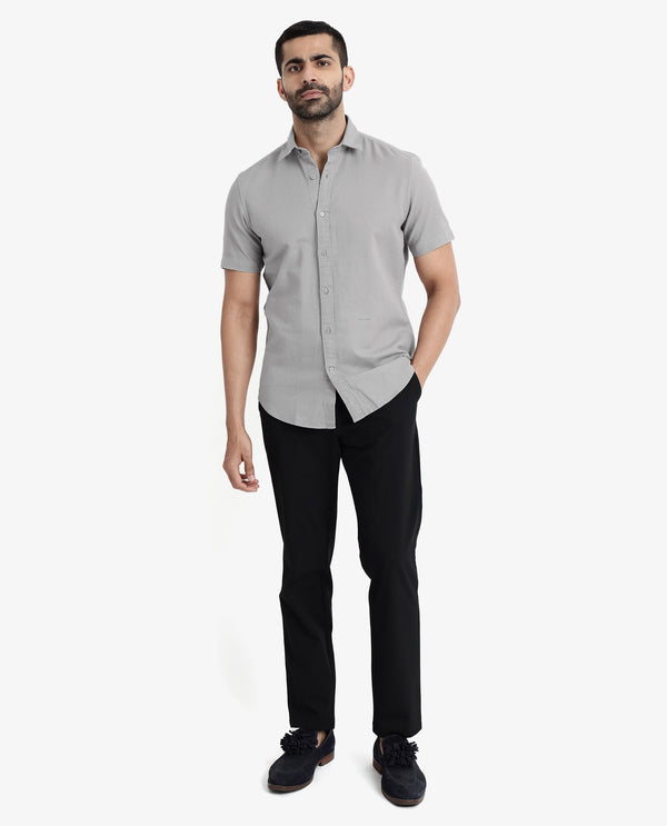 Rare Rabbit Men's Rissa Grey Cotton Fabric Half Sleeves Solid Dobby Shirt