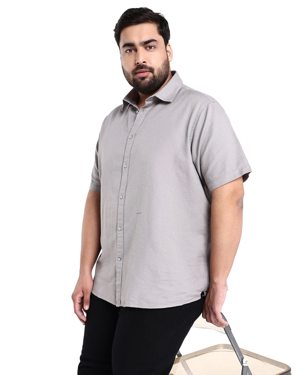 Rare Rabbit Men's Rissa Grey Cotton Fabric Half Sleeves Solid Dobby Shirt Plus Size