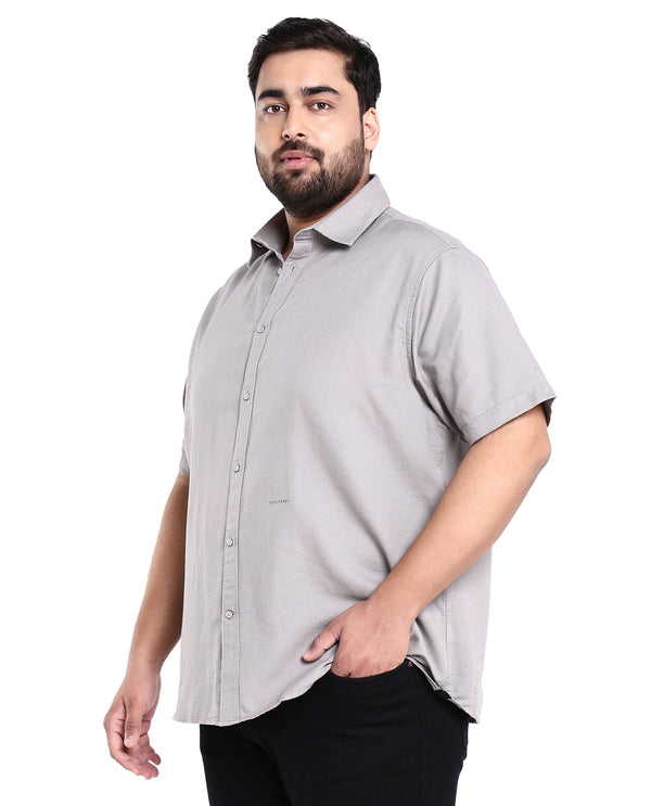 Rare Rabbit Men's Rissa Grey Cotton Fabric Half Sleeves Solid Dobby Shirt Plus Size