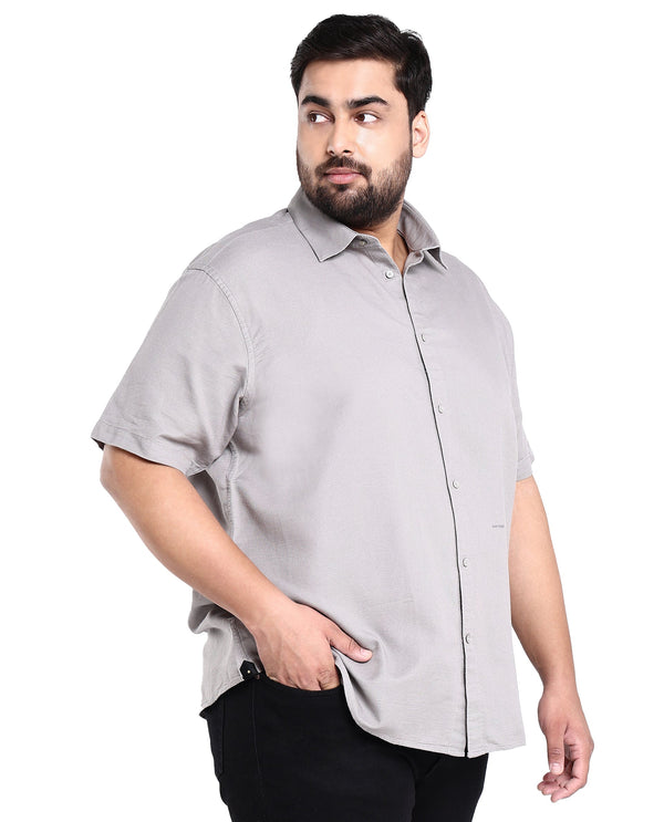 Rare Rabbit Men's Rissa Grey Cotton Fabric Half Sleeves Solid Dobby Shirt Plus Size
