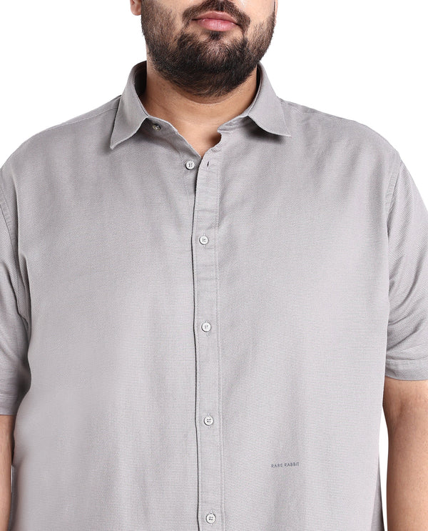 Rare Rabbit Men's Rissa Grey Cotton Fabric Half Sleeves Solid Dobby Shirt Plus Size