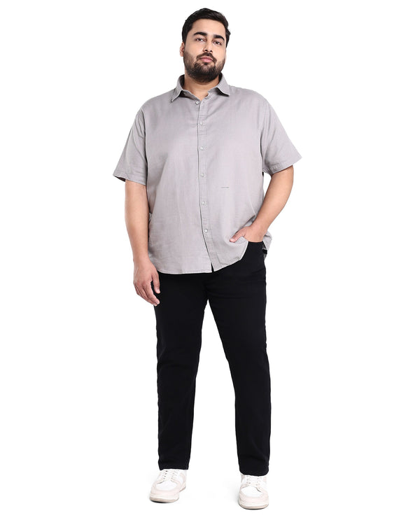 Rare Rabbit Men's Rissa Grey Cotton Fabric Half Sleeves Solid Dobby Shirt Plus Size