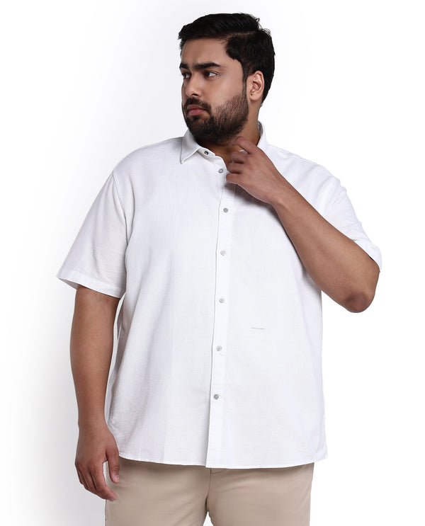 Rare Rabbit Men's Rissa White Cotton Fabric Half Sleeves Solid Dobby Shirt Plus Size