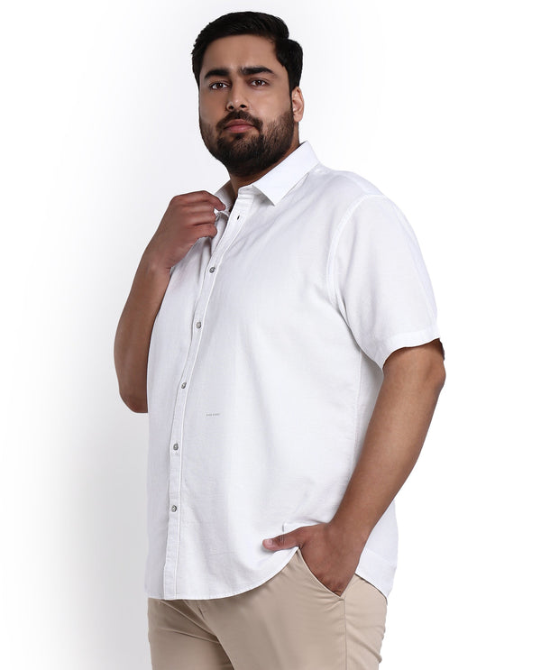 Rare Rabbit Men's Rissa White Cotton Fabric Half Sleeves Solid Dobby Shirt Plus Size