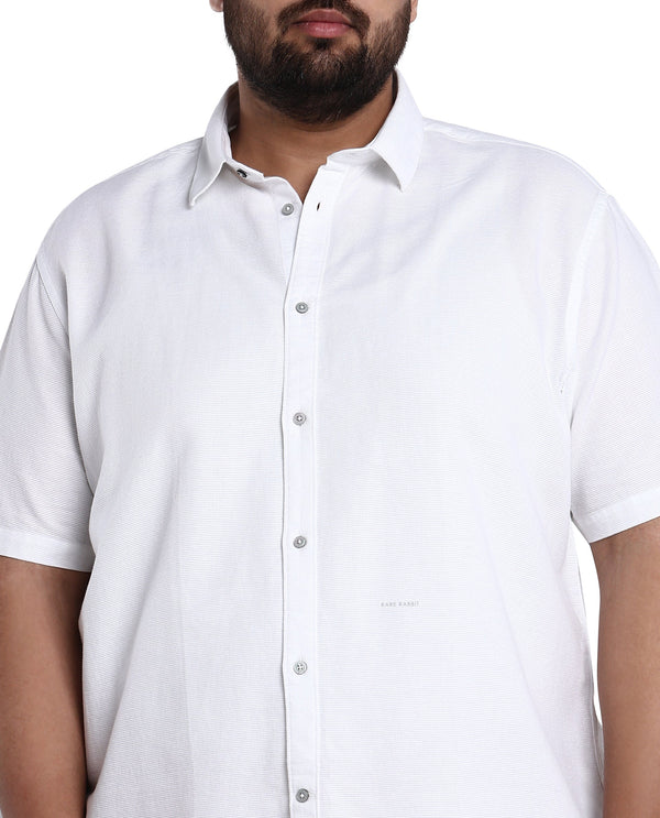 Rare Rabbit Men's Rissa White Cotton Fabric Half Sleeves Solid Dobby Shirt Plus Size