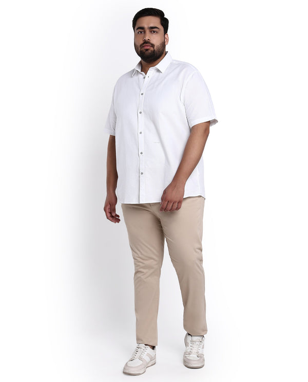 Rare Rabbit Men's Rissa White Cotton Fabric Half Sleeves Solid Dobby Shirt Plus Size