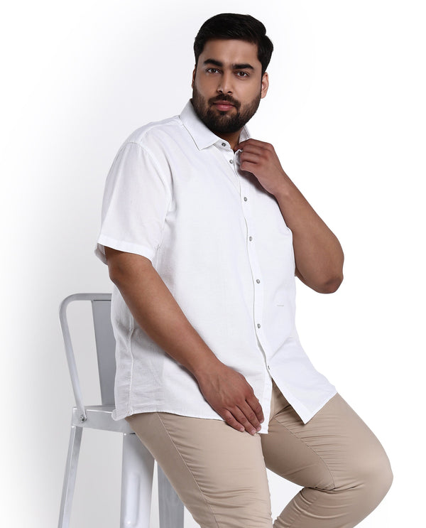 Rare Rabbit Men's Rissa White Cotton Fabric Half Sleeves Solid Dobby Shirt Plus Size