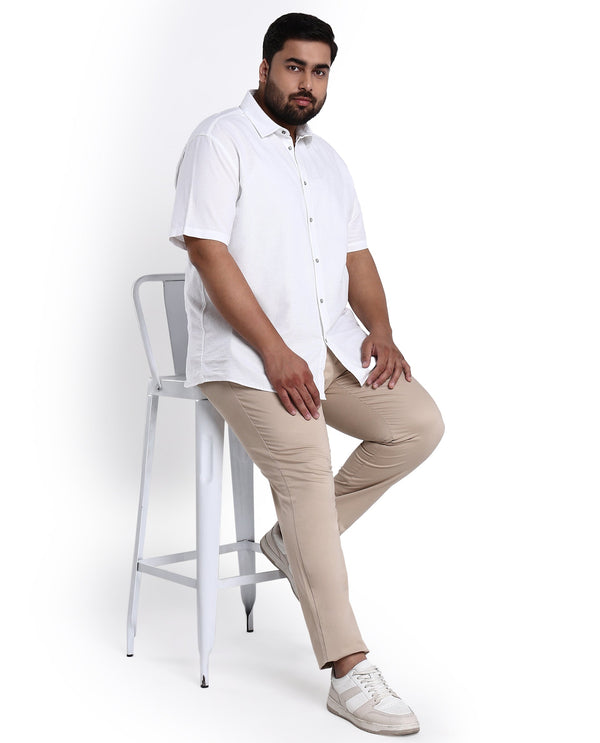Rare Rabbit Men's Rissa White Cotton Fabric Half Sleeves Solid Dobby Shirt Plus Size