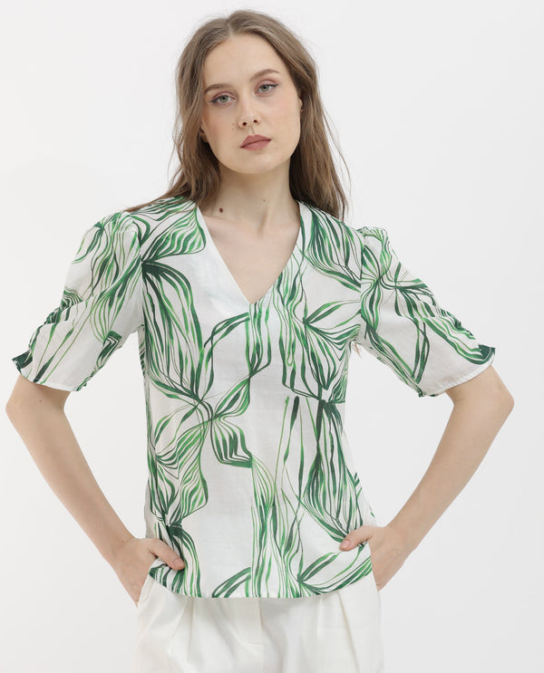 Rareism Women Riter Green Cotton Fabric Short Sleeves V-Neck Puff Sleeve Regular Fit Abstract Print Top