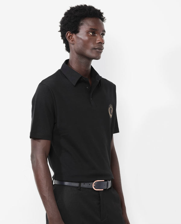 Rare Rabbit Men's Ritz Black Cotton Fabric Short Sleeve Regular Fit Solid Polo T-Shirt