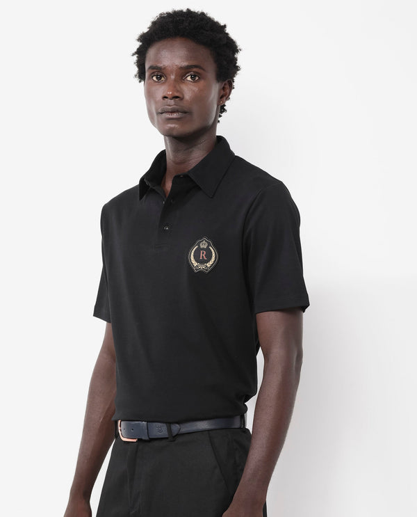 Rare Rabbit Men's Ritz Black Cotton Fabric Short Sleeve Regular Fit Solid Polo T-Shirt