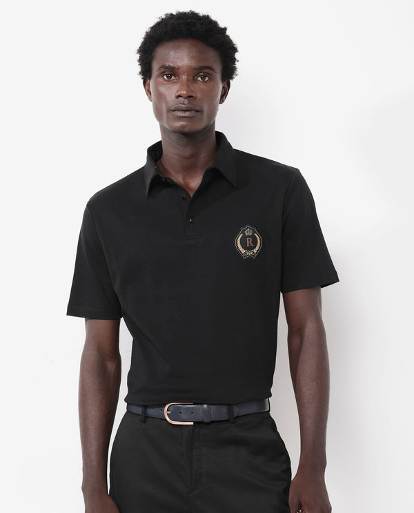 Rare Rabbit Men's Ritz Black Cotton Fabric Short Sleeve Regular Fit Solid Polo T-Shirt