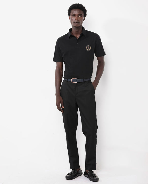 Rare Rabbit Men's Ritz Black Cotton Fabric Short Sleeve Regular Fit Solid Polo T-Shirt