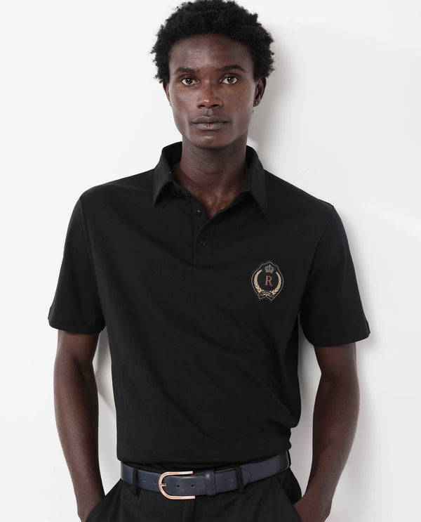 Rare Rabbit Men's Ritz Black Cotton Fabric Short Sleeve Regular Fit Solid Polo T-Shirt