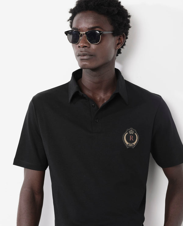 Rare Rabbit Men's Ritz Black Cotton Fabric Short Sleeve Regular Fit Solid Polo T-Shirt