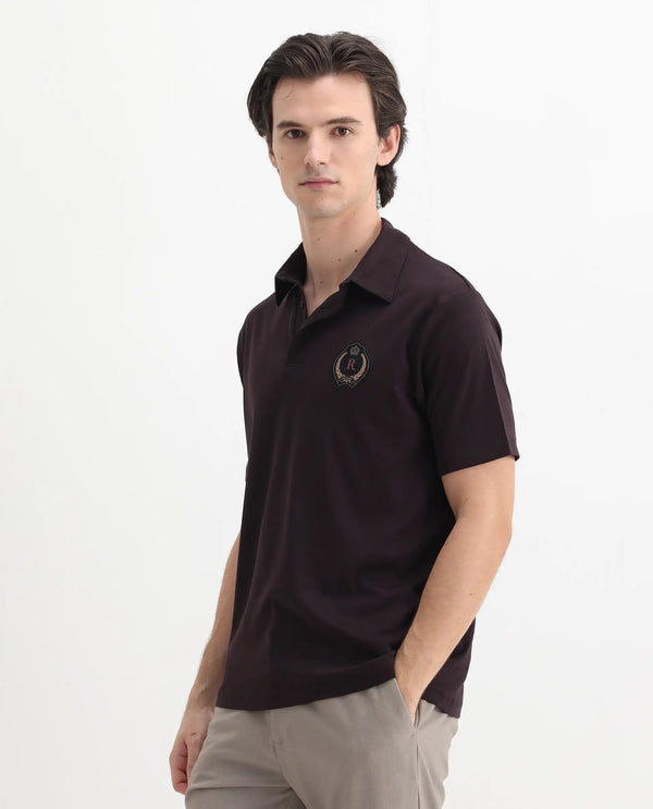 Rare Rabbit Men's Ritz Brown Cotton Fabric Short Sleeve Regular Fit Solid Polo T-Shirt